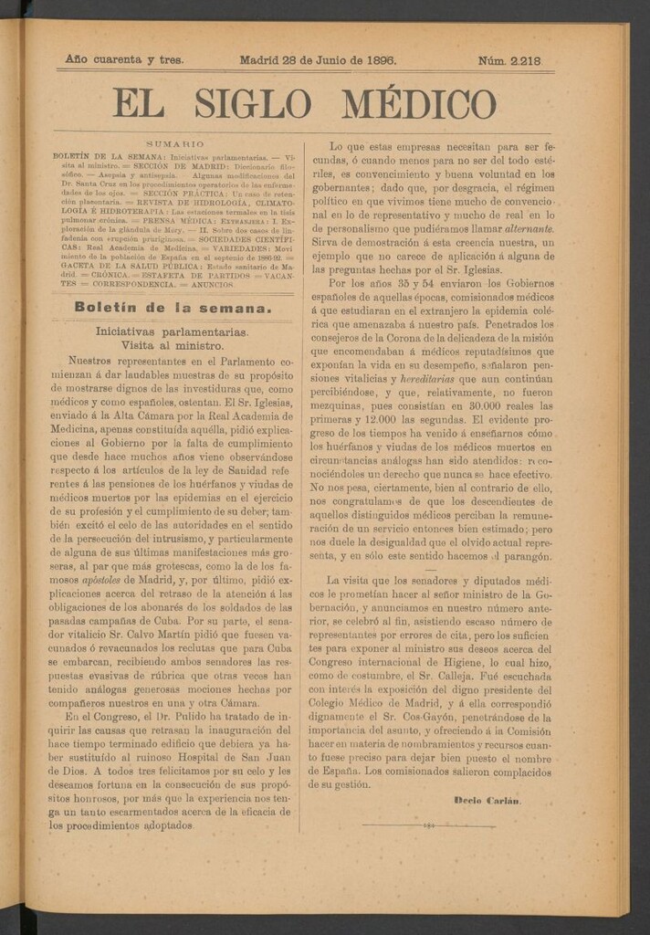 Miniatura de El Siglo Médico : boletín de medicina y gaceta médica del 28 de junio de 1896
