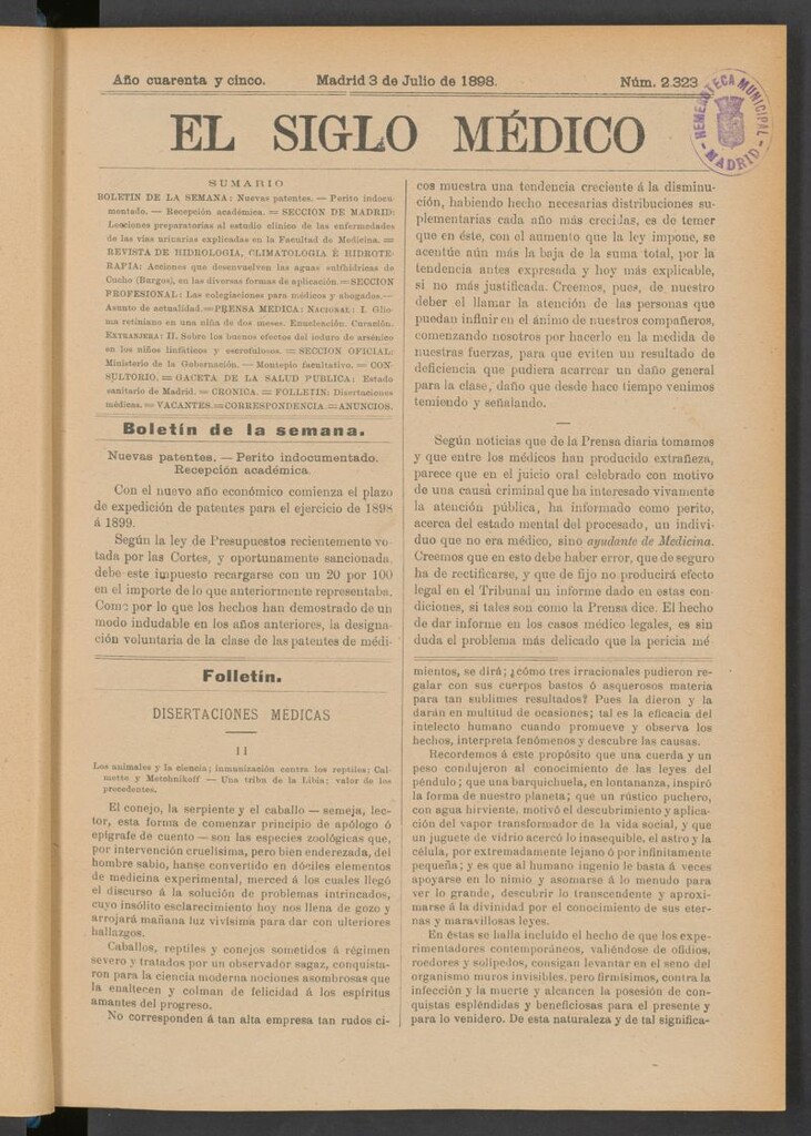 Miniatura de El Siglo Médico : boletín de medicina y gaceta médica del 3 de julio de 1898