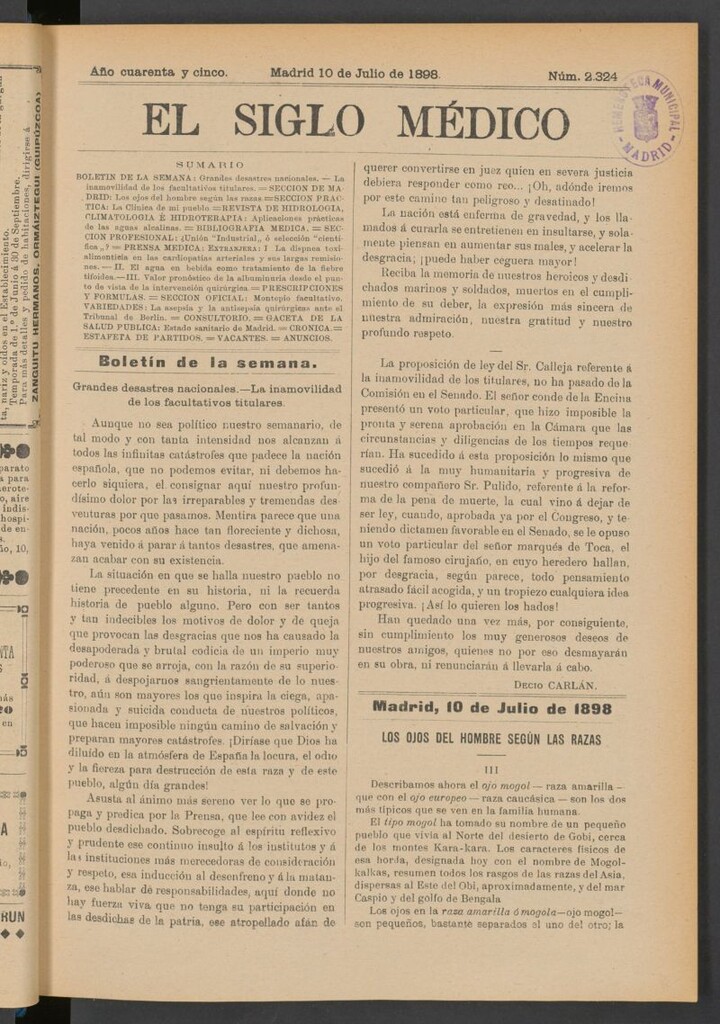 Miniatura de El Siglo Médico : boletín de medicina y gaceta médica del 10 de julio de 1898