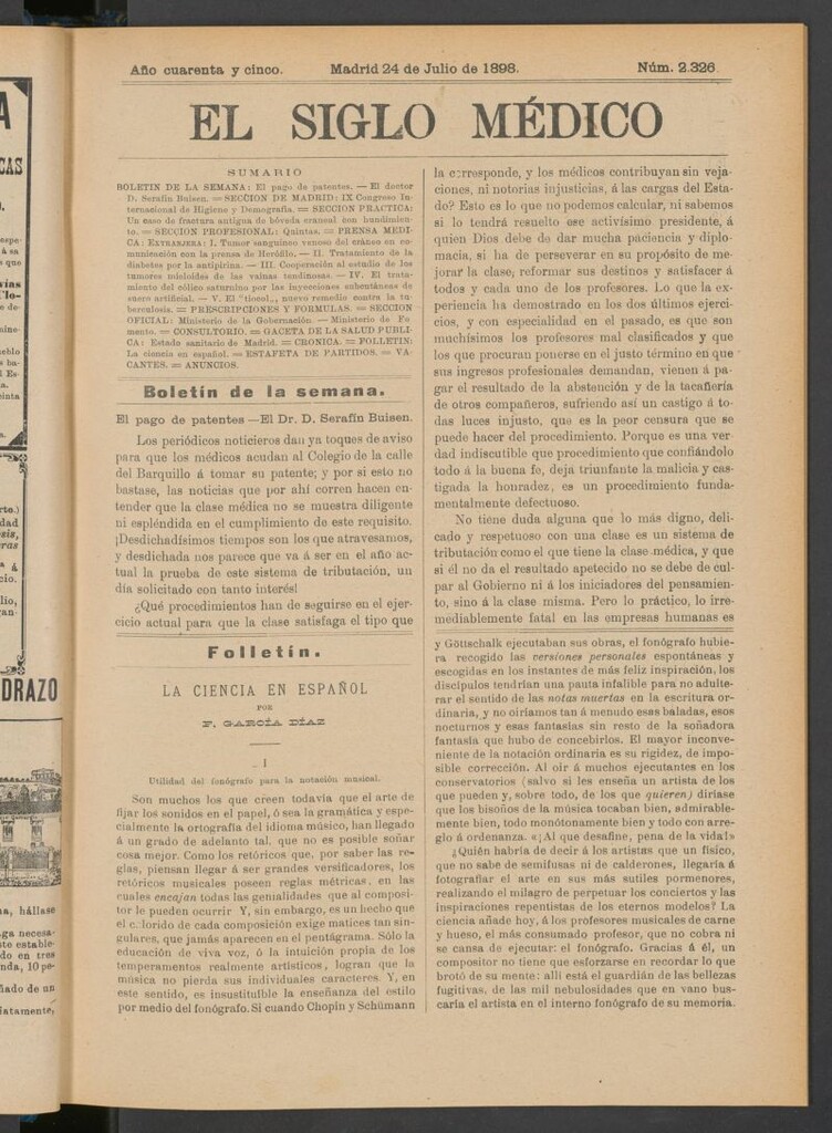 Miniatura de El Siglo Médico : boletín de medicina y gaceta médica del 24 de julio de 1898