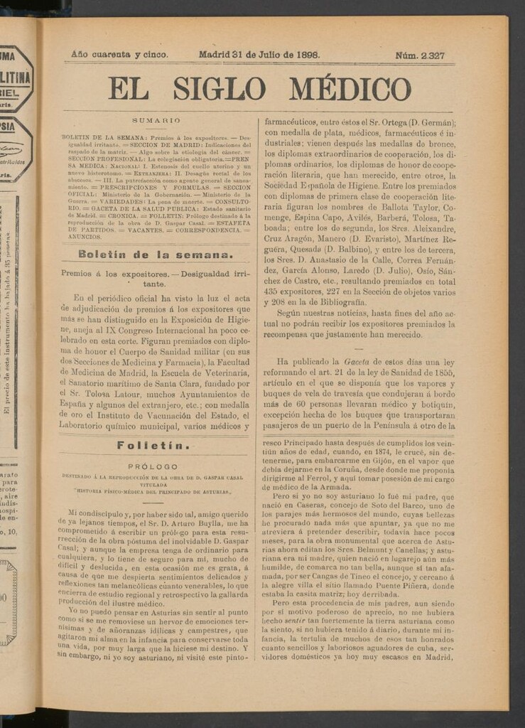 Miniatura de El Siglo Médico : boletín de medicina y gaceta médica del 31 de julio de 1898