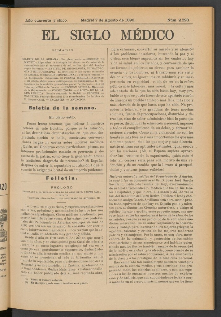 Miniatura de El Siglo Médico : boletín de medicina y gaceta médica del 7 de agosto de 1898