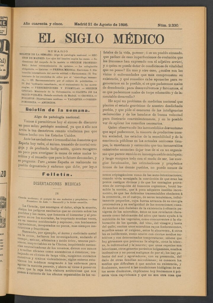 Miniatura de El Siglo Médico : boletín de medicina y gaceta médica del 21 de agosto de 1898