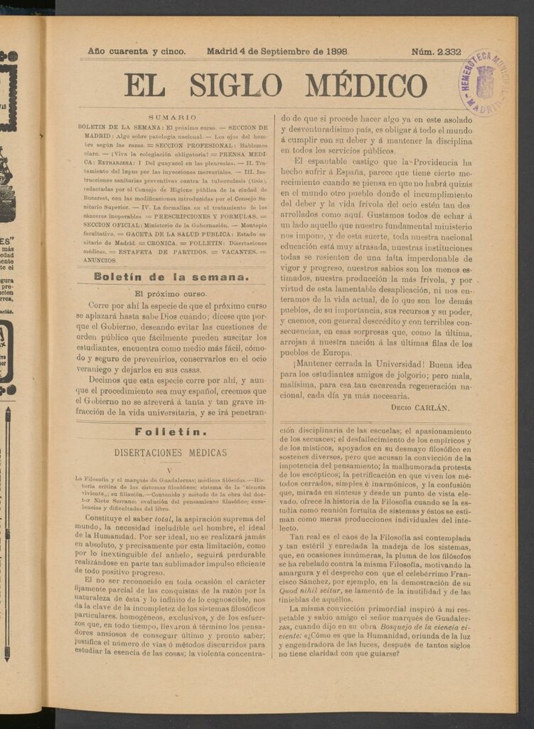 Miniatura de El Siglo Médico : boletín de medicina y gaceta médica del 4 de septiembre de 1898