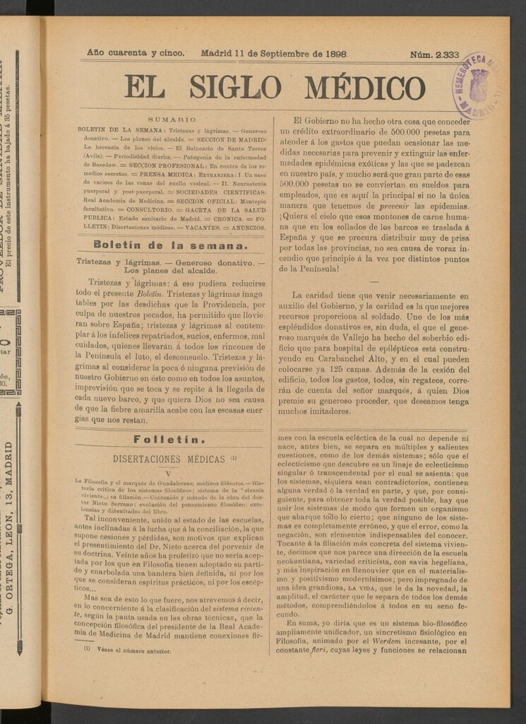 Miniatura de El Siglo Médico : boletín de medicina y gaceta médica del 11 de septiembre de 1898