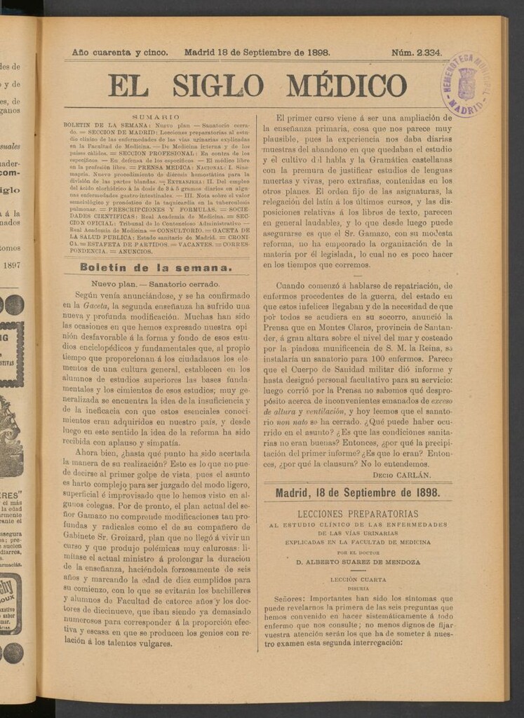 Miniatura de El Siglo Médico : boletín de medicina y gaceta médica del 18 de septiembre de 1898