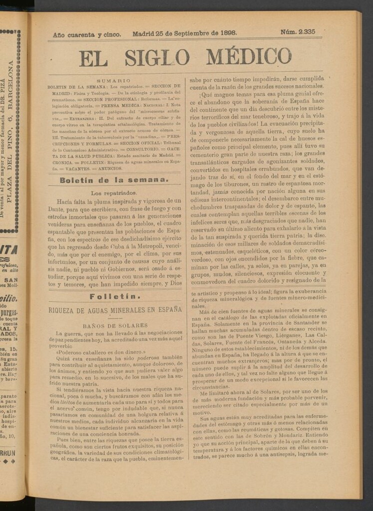 Miniatura de El Siglo Médico : boletín de medicina y gaceta médica del 25 de septiembre de 1898