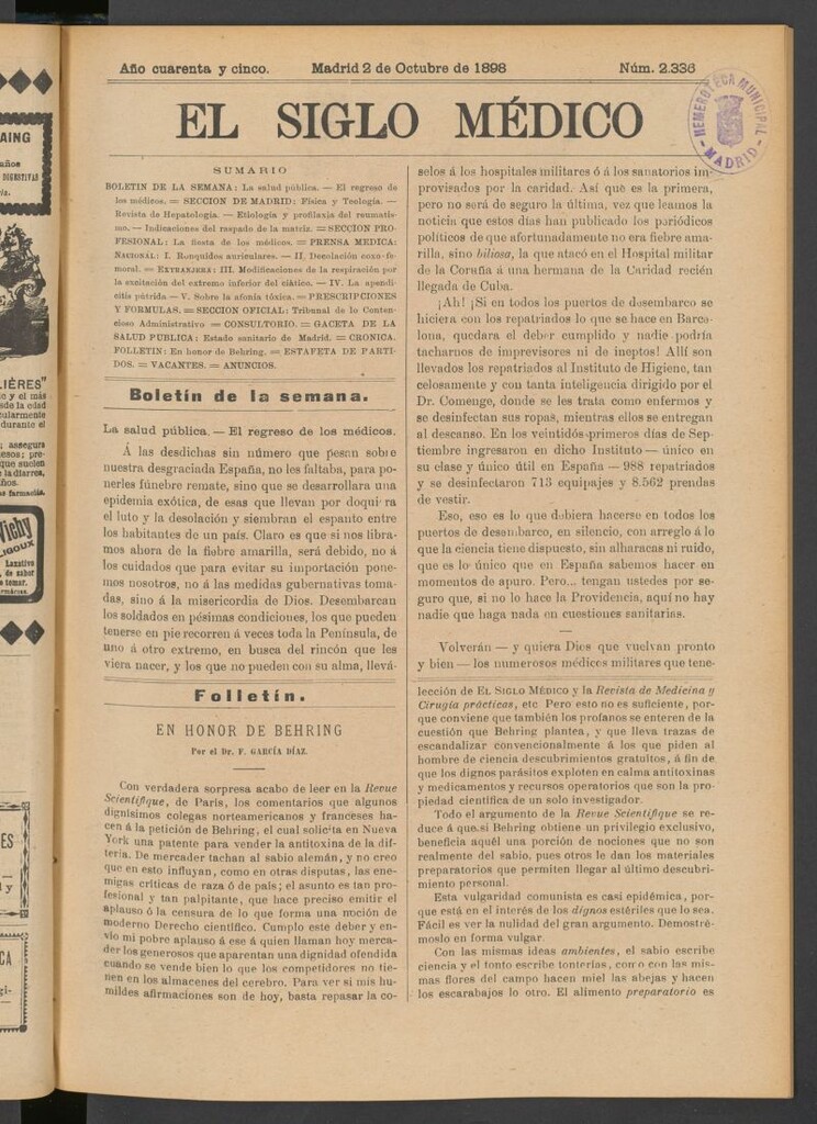 Miniatura de El Siglo Médico : boletín de medicina y gaceta médica del 2 de octubre de 1898