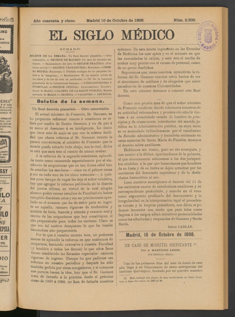 Miniatura de El Siglo Médico : boletín de medicina y gaceta médica del 16 de octubre de 1898