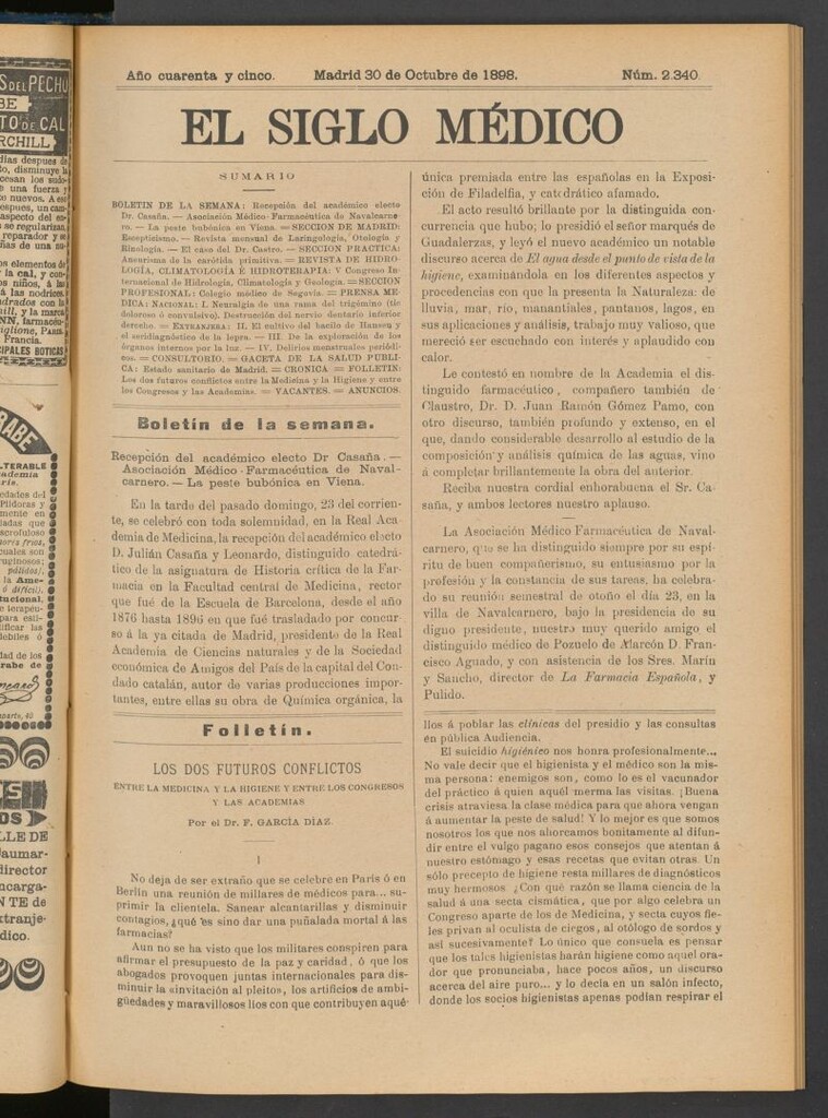 Miniatura de El Siglo Médico : boletín de medicina y gaceta médica del 30 de octubre de 1898