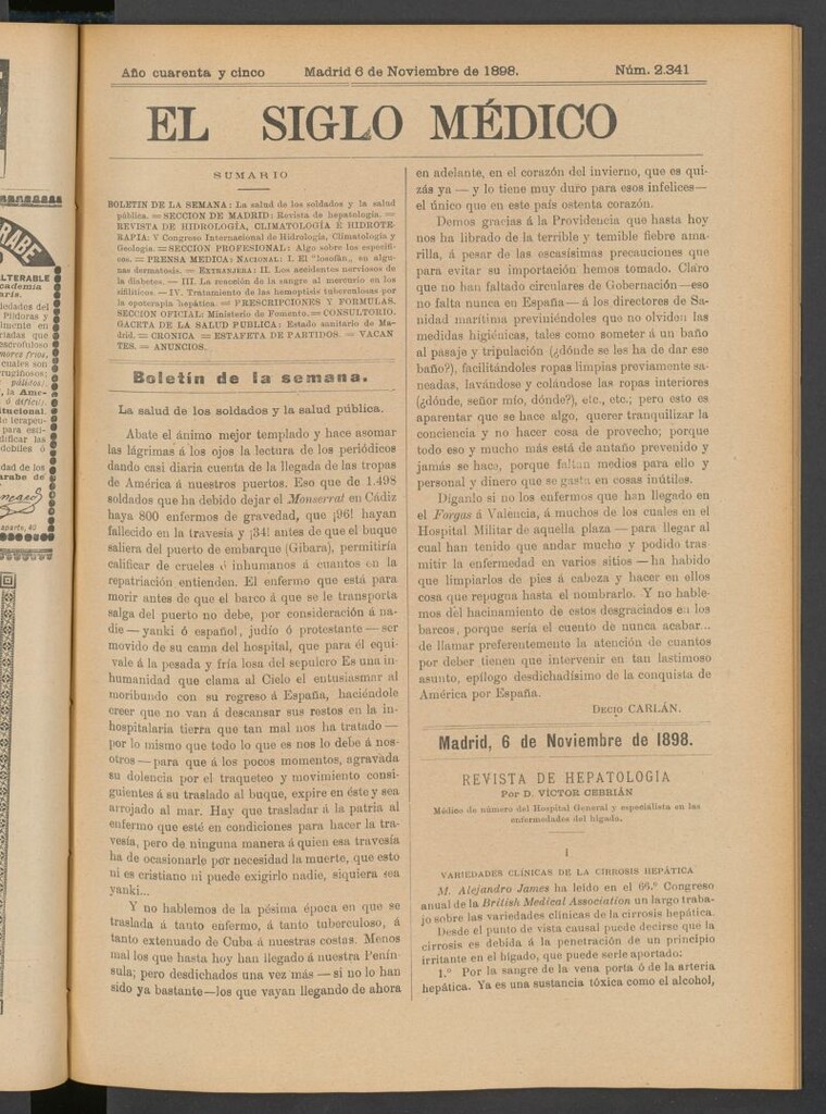 Miniatura de El Siglo Médico : boletín de medicina y gaceta médica del 6 de noviembre de 1898