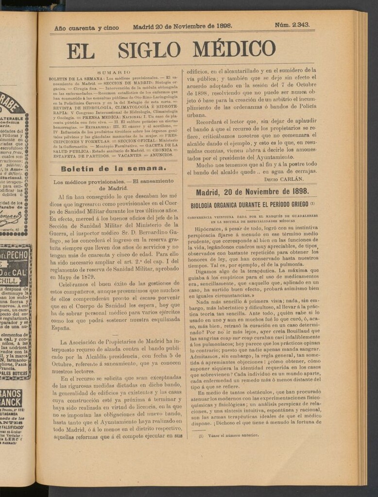 Miniatura de El Siglo Médico : boletín de medicina y gaceta médica del 20 de noviembre de 1898