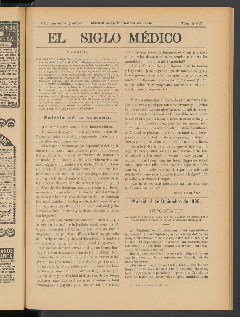 Miniatura de El Siglo Médico : boletín de medicina y gaceta médica del 4 de diciembre de 1898