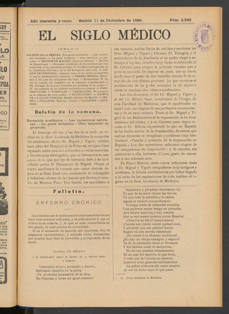 Miniatura de El Siglo Médico : boletín de medicina y gaceta médica del 11 de diciembre de 1898