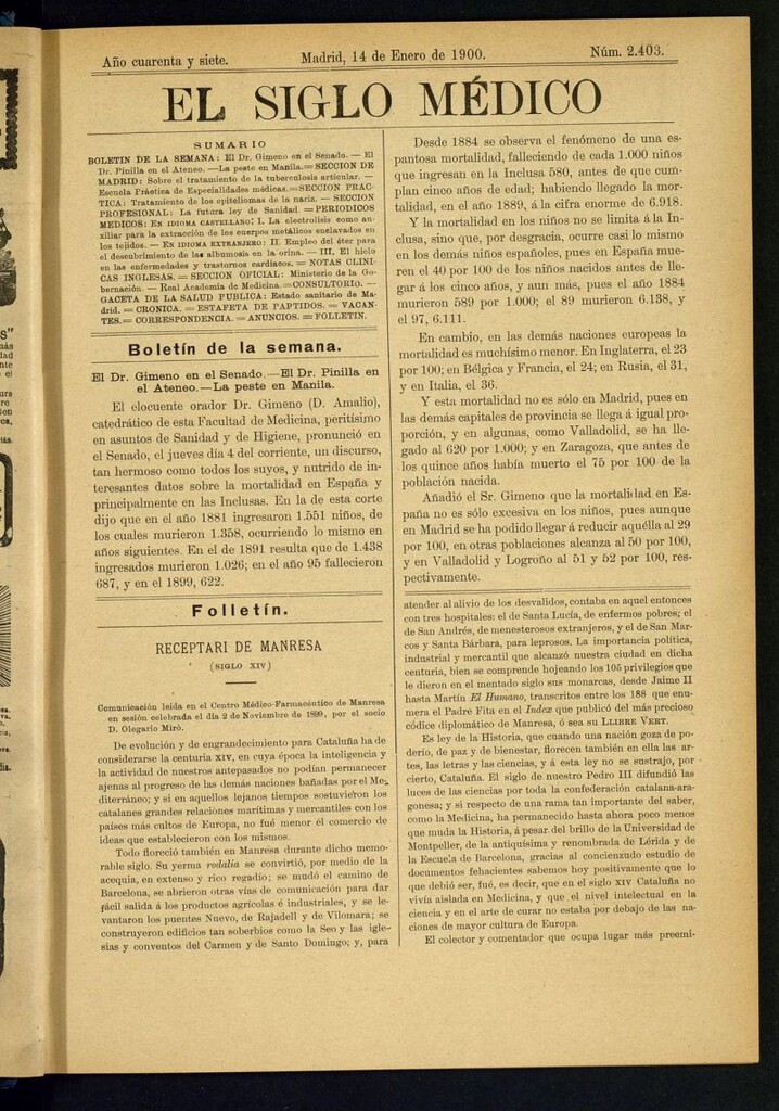 Miniatura de El Siglo Médico : boletín de medicina y gaceta médica del 14 de enero de 1900