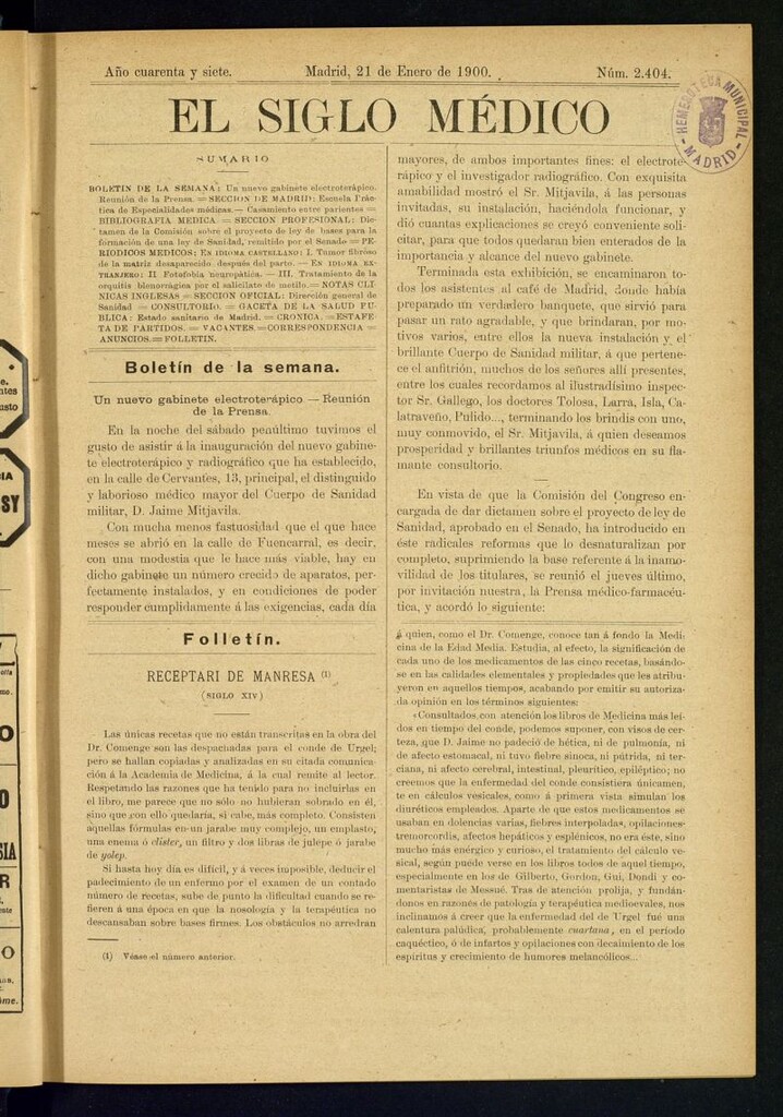 Miniatura de El Siglo Médico : boletín de medicina y gaceta médica del 21 de enero de 1900