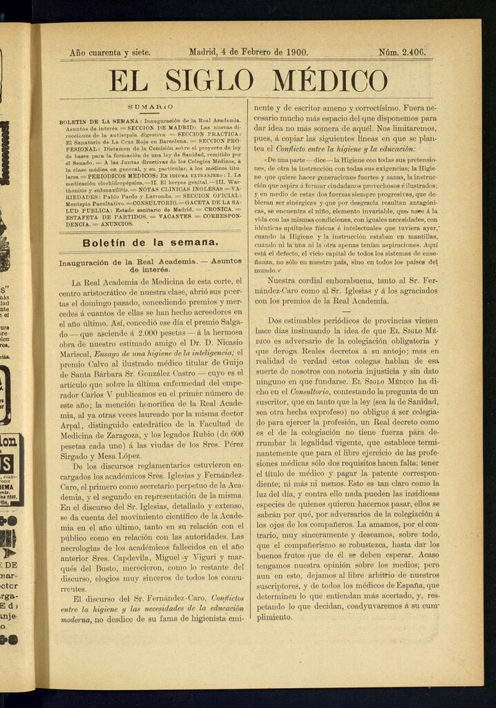 Miniatura de El Siglo Médico : boletín de medicina y gaceta médica del 4 de febrero de 1900