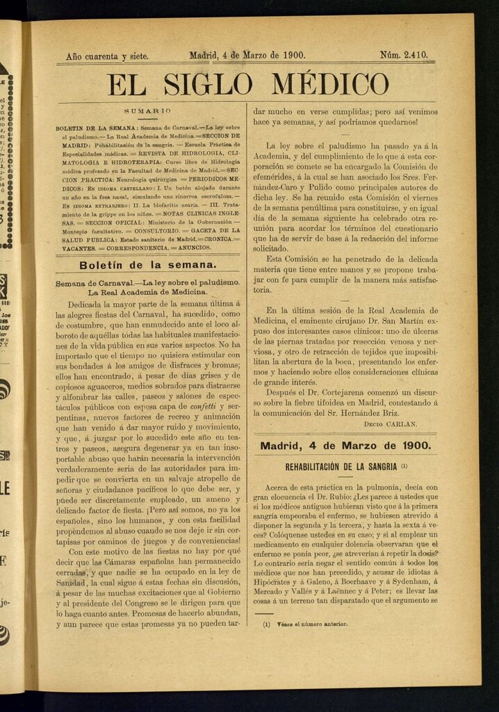 Miniatura de El Siglo Médico : boletín de medicina y gaceta médica del 4 de marzo de 1900