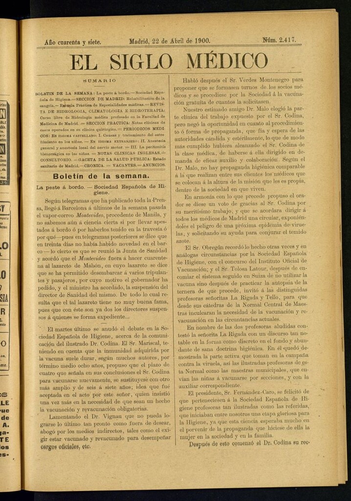 Miniatura de El Siglo Médico : boletín de medicina y gaceta médica del 22 de abril de 1900