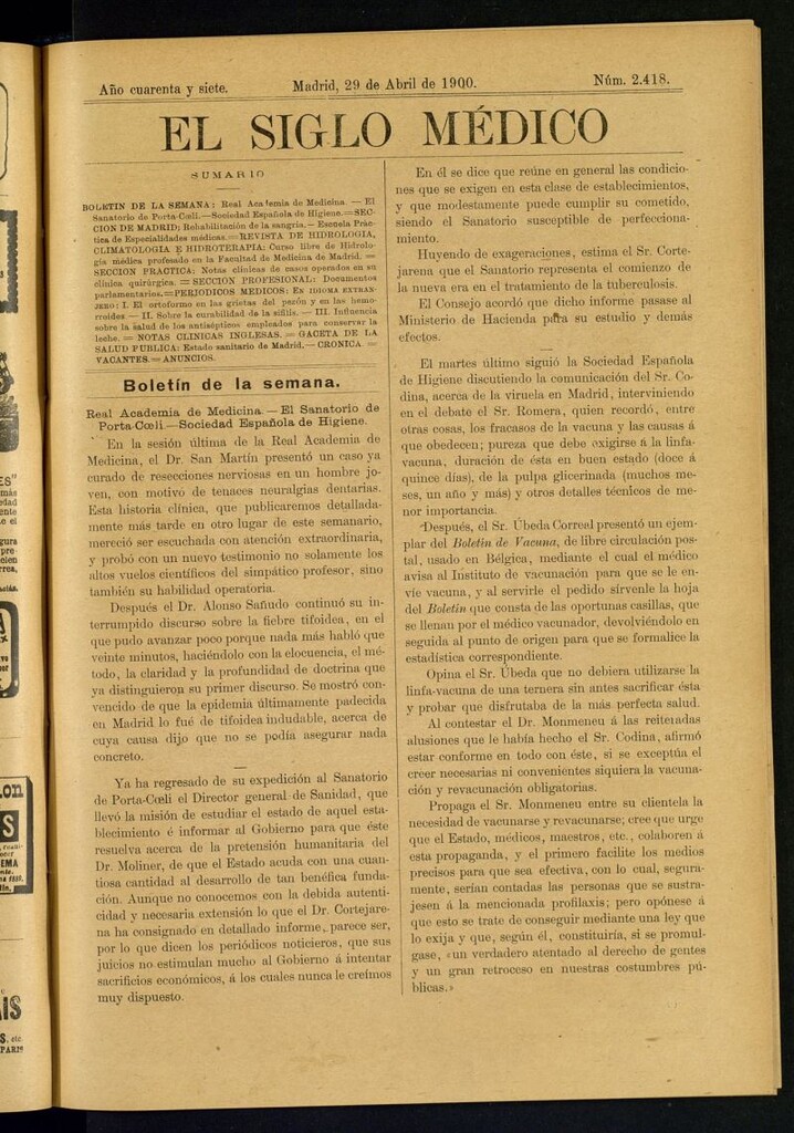 Miniatura de El Siglo Médico : boletín de medicina y gaceta médica del 29 de abril de 1900