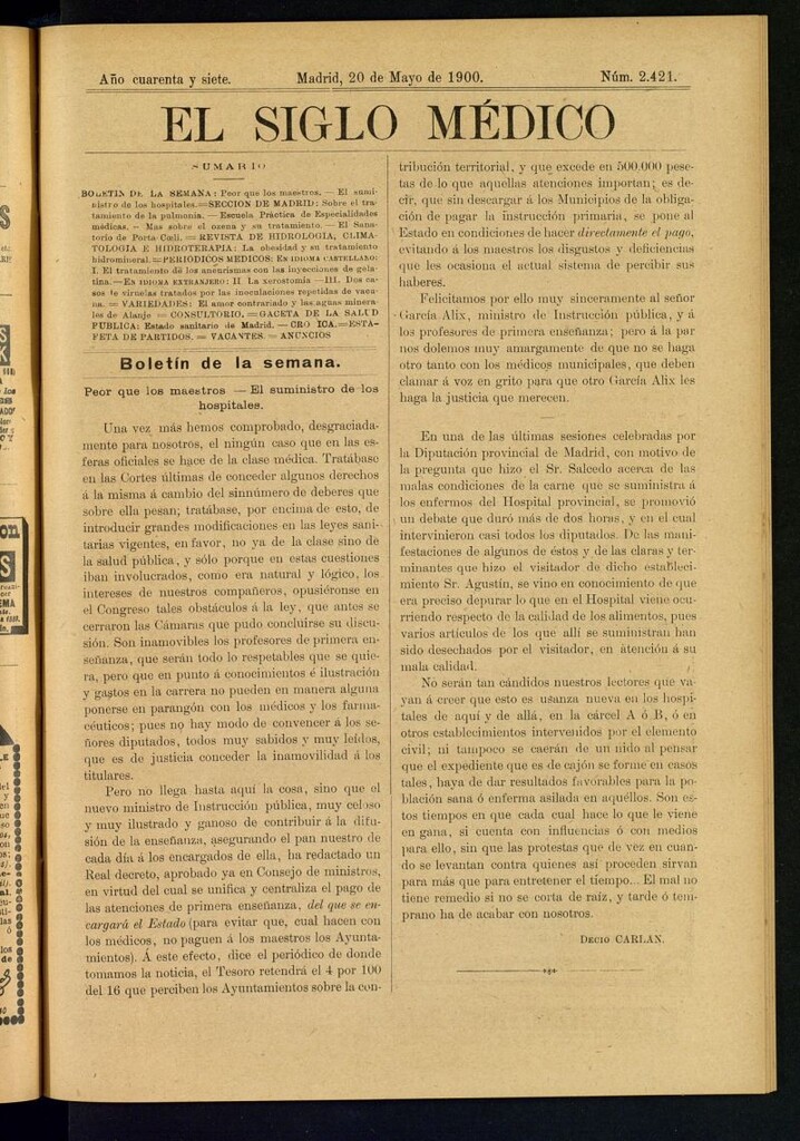 Miniatura de El Siglo Médico : boletín de medicina y gaceta médica del 20 de mayo de 1900