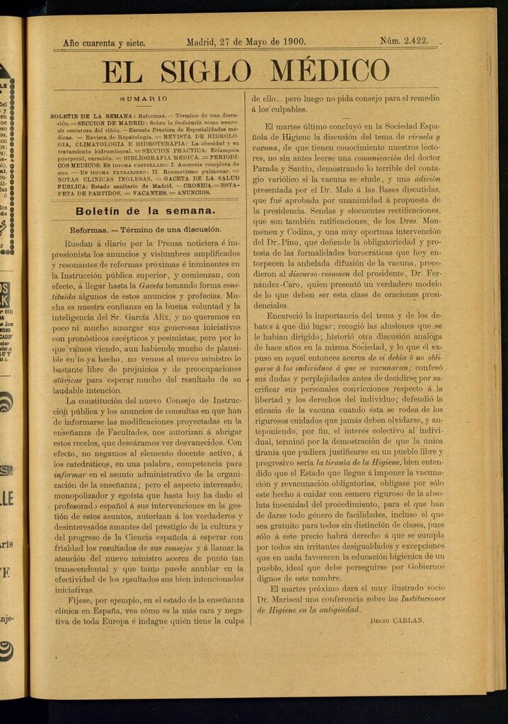 Miniatura de El Siglo Médico : boletín de medicina y gaceta médica del 27 de mayo de 1900