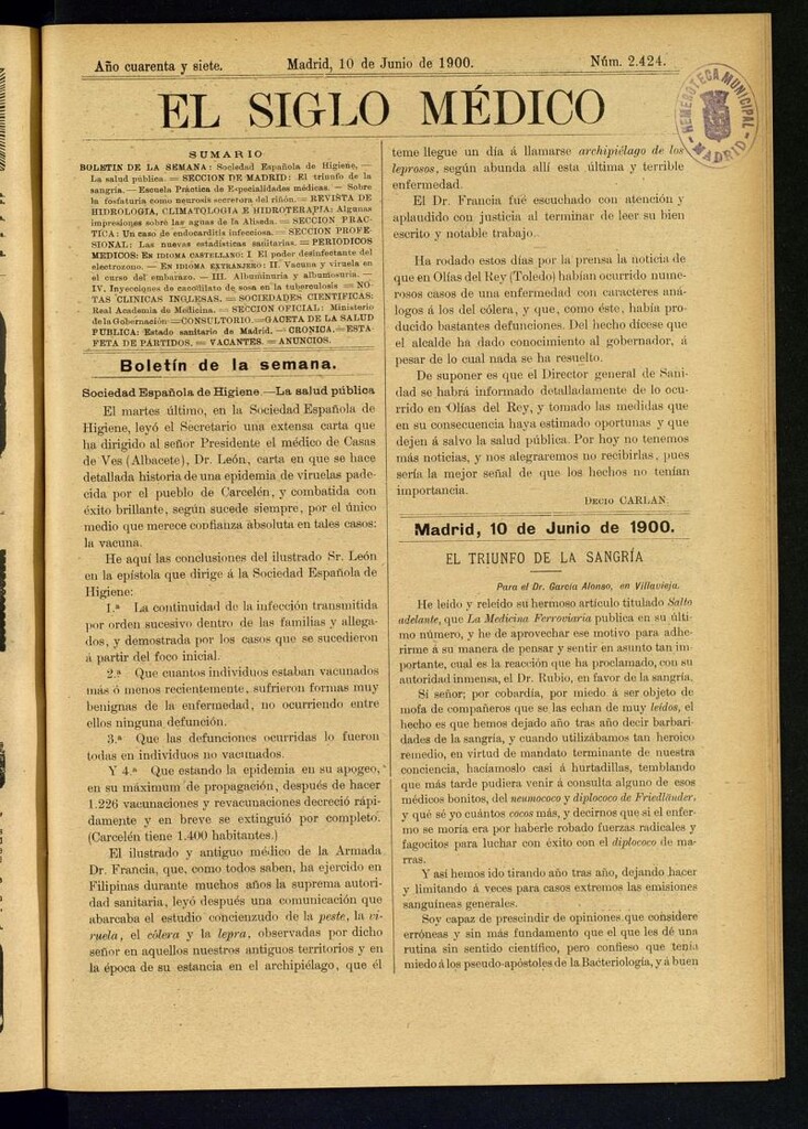 Miniatura de El Siglo Médico : boletín de medicina y gaceta médica del 10 de junio de 1900