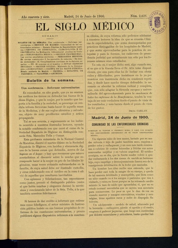 Miniatura de El Siglo Médico : boletín de medicina y gaceta médica del 24 de junio de 1900