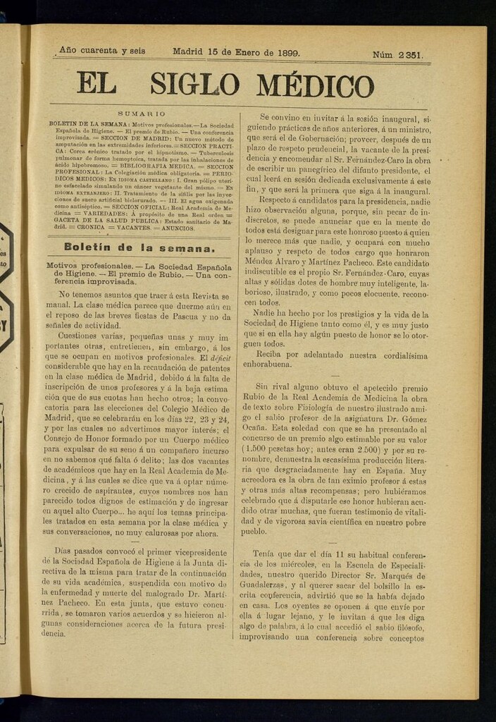 Miniatura de El Siglo Médico : boletín de medicina y gaceta médica del 15 de enero de 1899