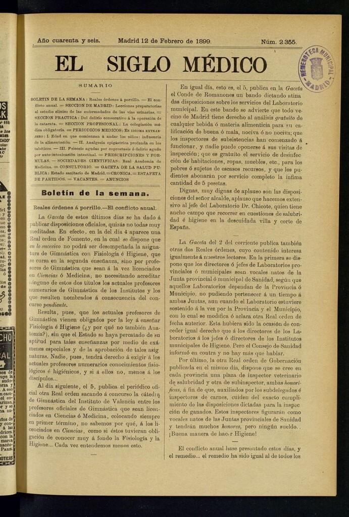 Miniatura de El Siglo Médico : boletín de medicina y gaceta médica del 12 de febrero de 1899