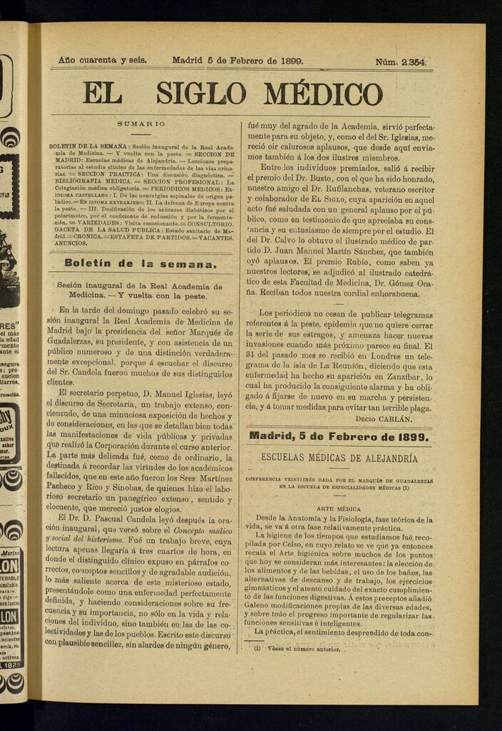 Miniatura de El Siglo Médico : boletín de medicina y gaceta médica del 5 de febrero de 1899