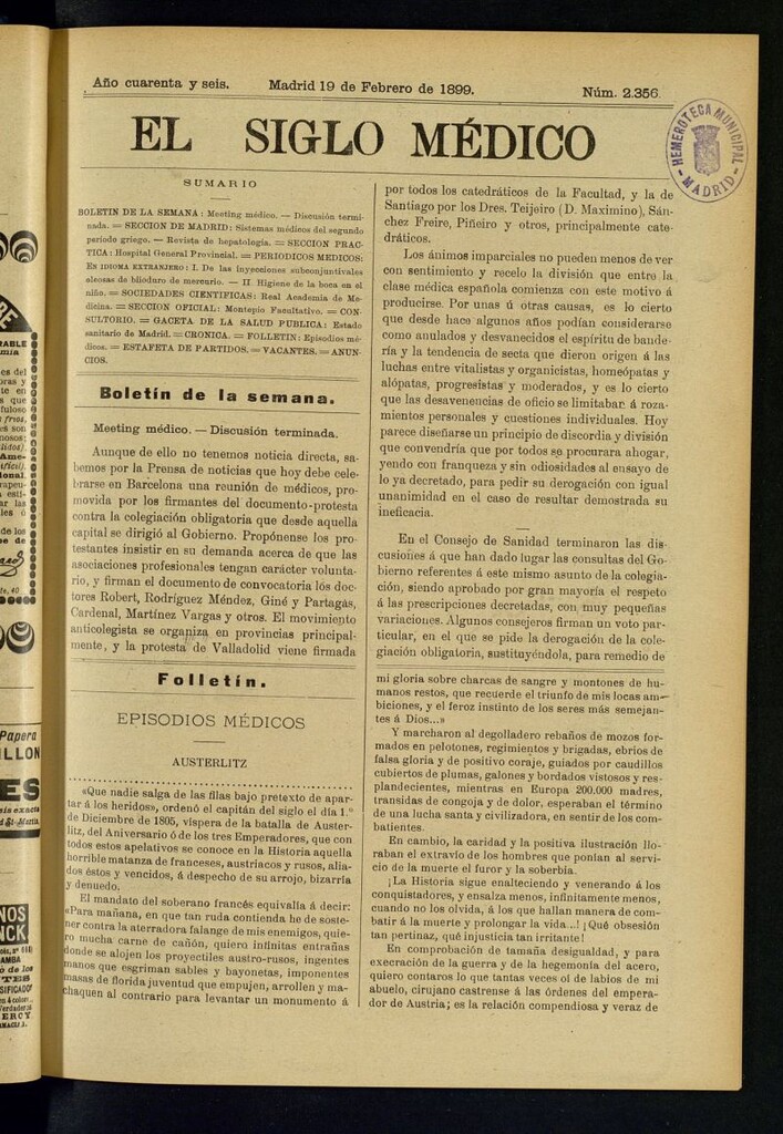 Miniatura de El Siglo Médico : boletín de medicina y gaceta médica del 19 de febrero de 1899