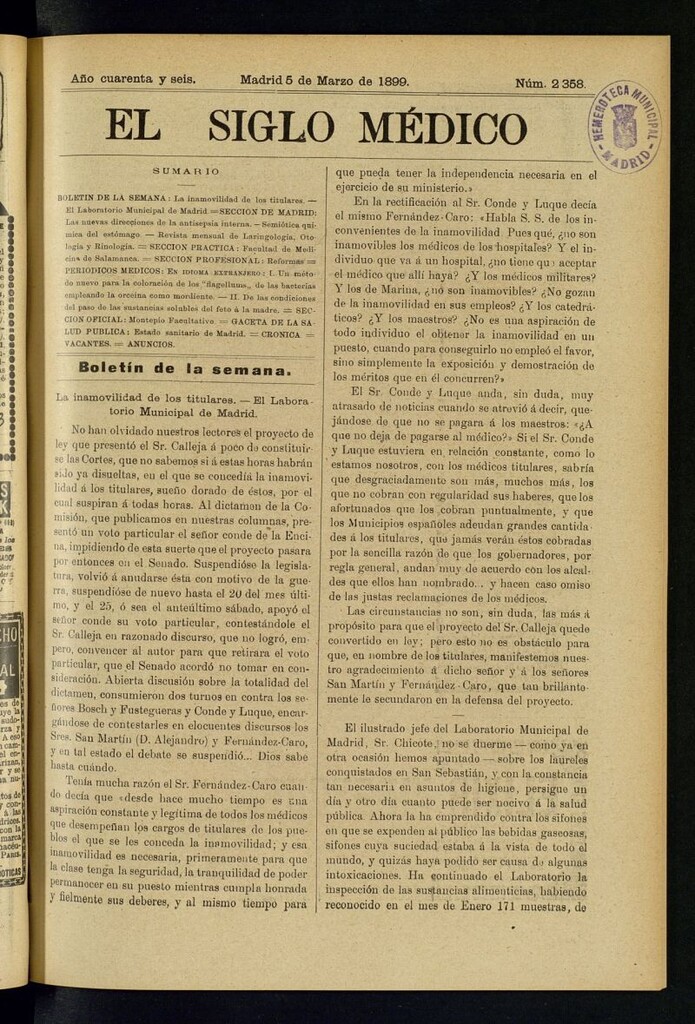 Miniatura de El Siglo Médico : boletín de medicina y gaceta médica del 5 de marzo de 1899