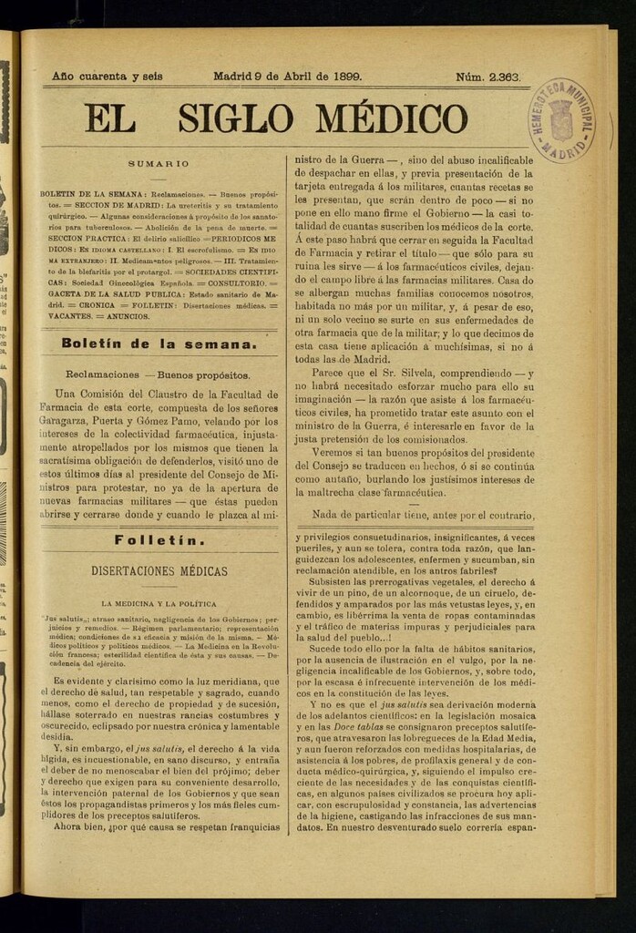 Miniatura de El Siglo Médico : boletín de medicina y gaceta médica del 9 de abril de 1899