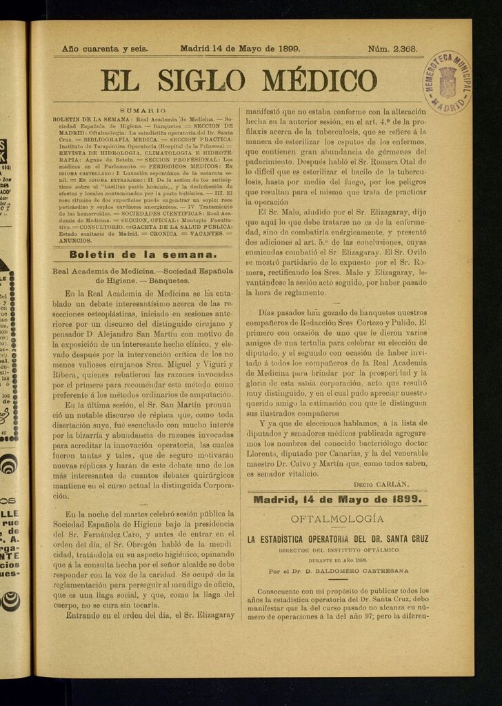 Miniatura de El Siglo Médico : boletín de medicina y gaceta médica del 14 de mayo de 1899
