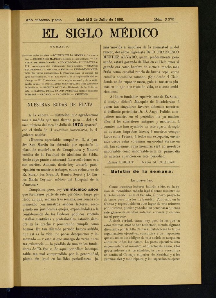 Miniatura de El Siglo Médico : boletín de medicina y gaceta médica del 2 de julio de 1899