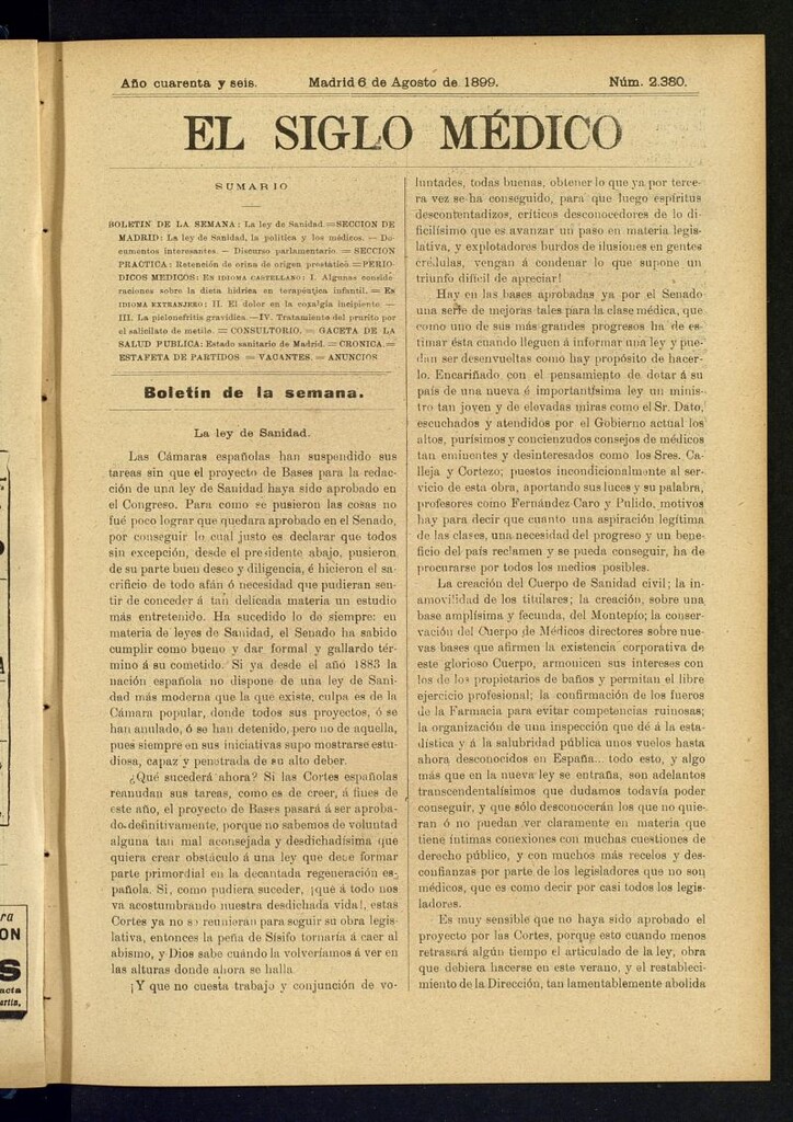 Miniatura de El Siglo Médico : boletín de medicina y gaceta médica del 6 de agosto de 1899