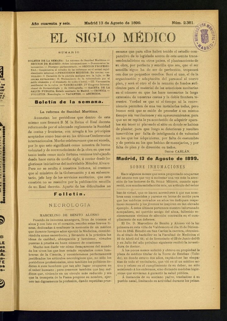 Miniatura de El Siglo Médico : boletín de medicina y gaceta médica del 13 de agosto de 1899