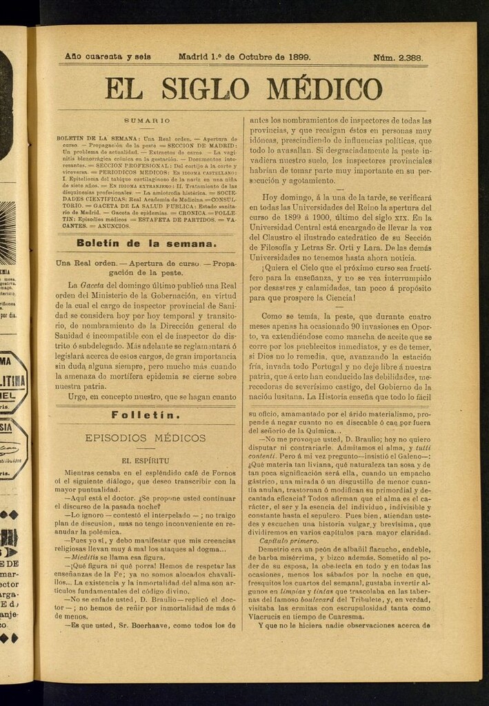Miniatura de El Siglo Médico : boletín de medicina y gaceta médica del 1 de octubre de 1899
