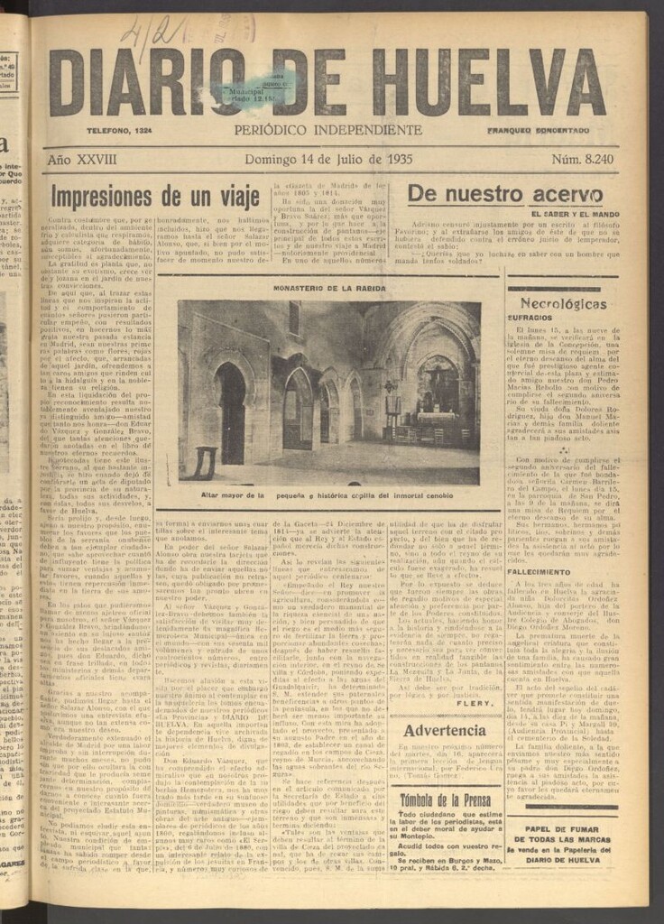 Miniatura de Diario de Huelva : periódico independiente del 14 de julio de 1935
