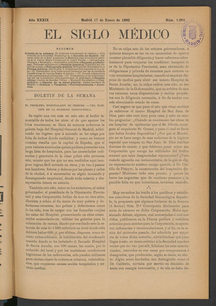 Miniatura de El Siglo Médico: boletín de medicina y gaceta médica del 17 de enero de 1892