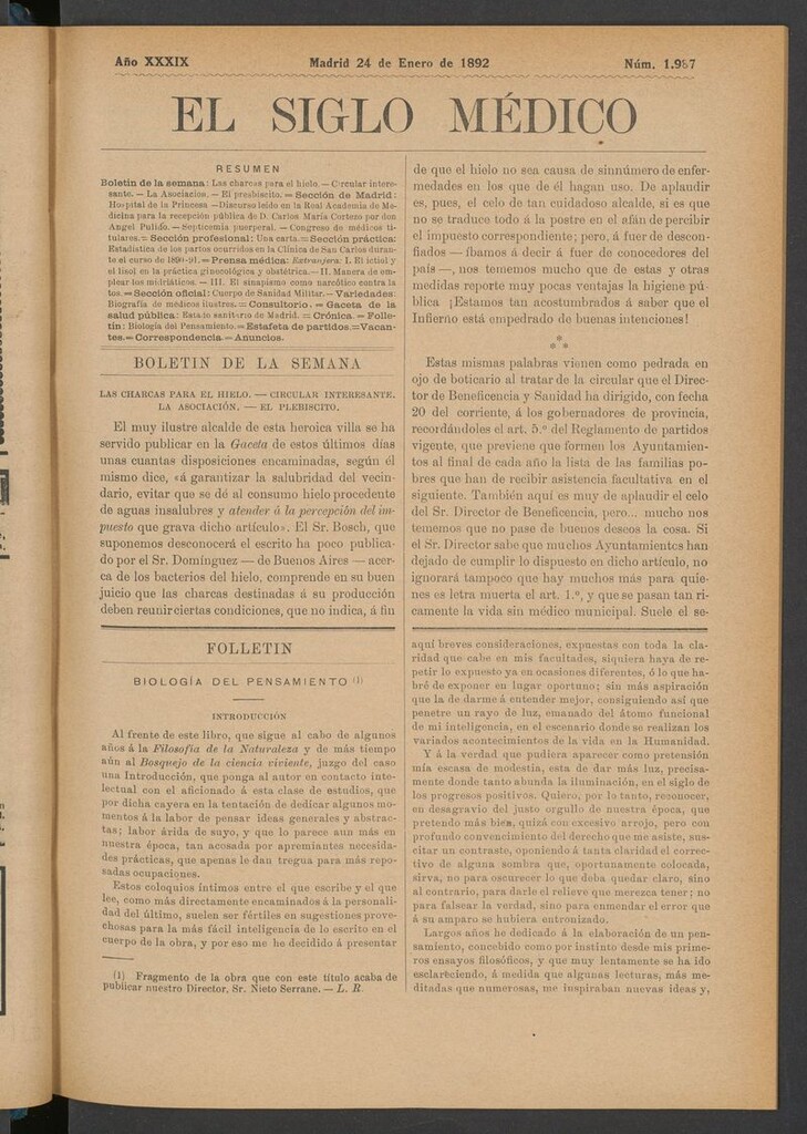 Miniatura de El Siglo Médico: boletín de medicina y gaceta médica del 24 de enero de 1892