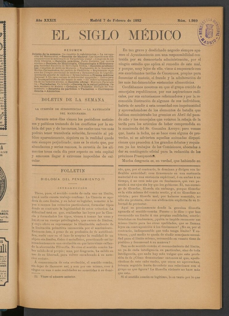 Miniatura de El Siglo Médico: boletín de medicina y gaceta médica del 7 de febrero de 1892