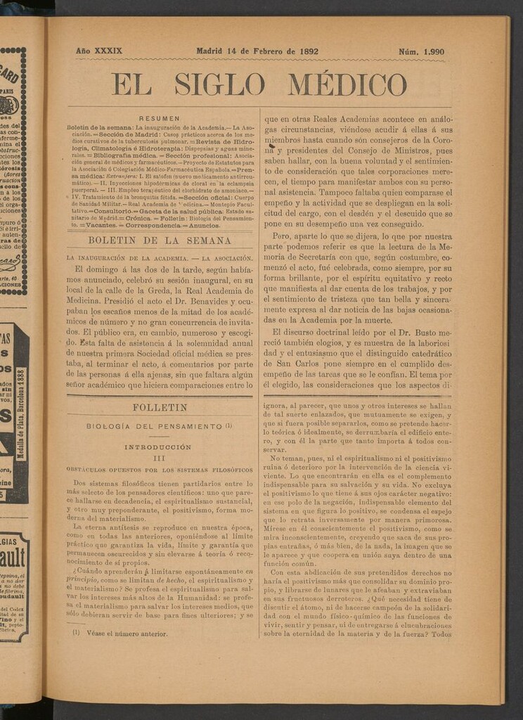 Miniatura de El Siglo Médico: boletín de medicina y gaceta médica del 14 de febrero de 1892