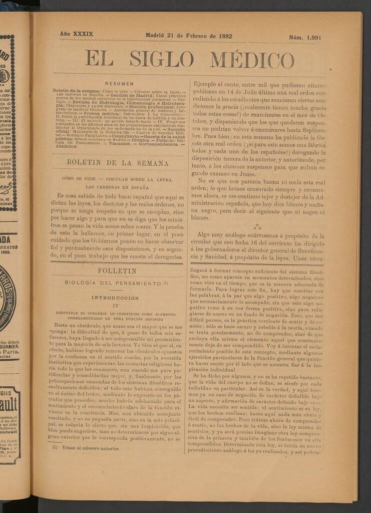 Miniatura de El Siglo Médico: boletín de medicina y gaceta médica del 21 de febrero de 1892