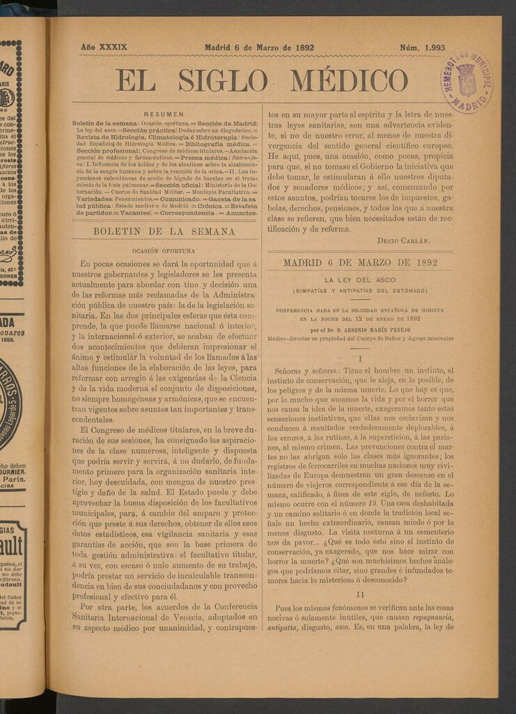 Miniatura de El Siglo Médico: boletín de medicina y gaceta médica del 6 de marzo de 1892