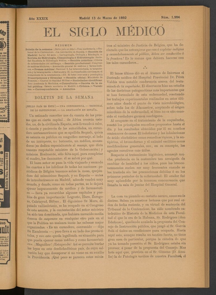 Miniatura de El Siglo Médico: boletín de medicina y gaceta médica del 13 de marzo de 1892