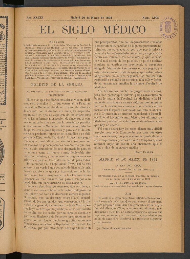 Miniatura de El Siglo Médico: boletín de medicina y gaceta médica del 20 de marzo de 1892
