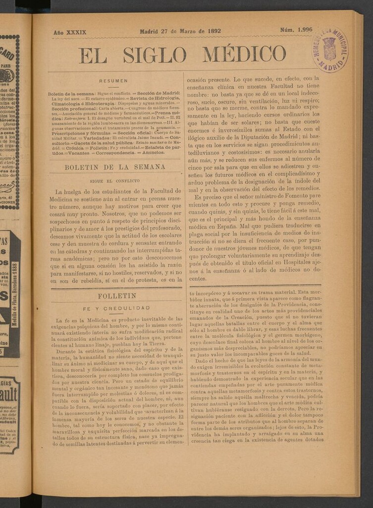Miniatura de El Siglo Médico: boletín de medicina y gaceta médica del 27 de marzo de 1892