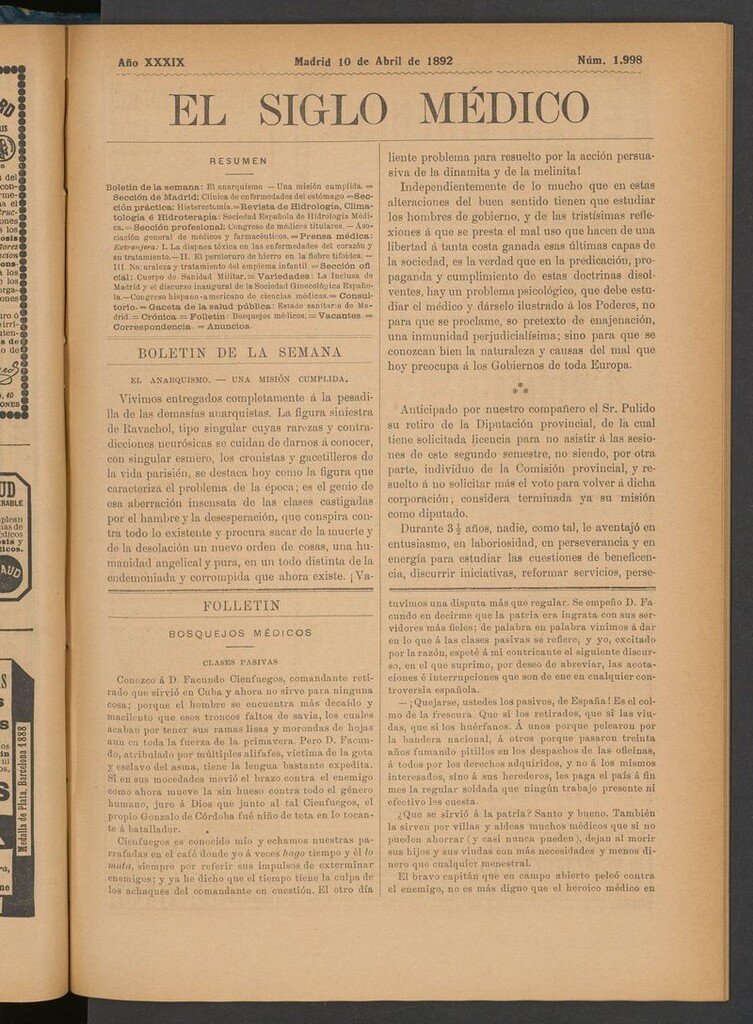 Miniatura de El Siglo Médico: boletín de medicina y gaceta médica del 10 de abril de 1892
